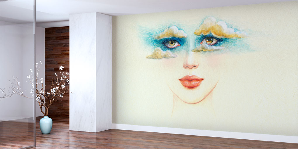 beauty-shop-wall-decor-5706-02 Bulutlu Göz Makyajı Temalı Kadın Portreli Kuaför Duvar Kağıdı 5706