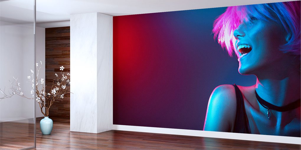 Renkli Işıklı Kadın Portreli Modern Kuaför Duvar Kağıdı 5712