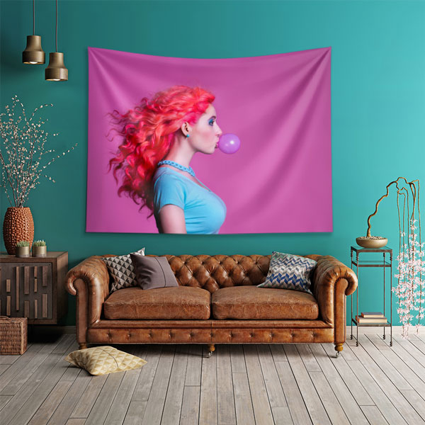 beauty-shop-wall-decor-5719-01 Pembe Arka Planlı Renkli Saçlı Kadın Kuaför Duvar Örtüsü 5719