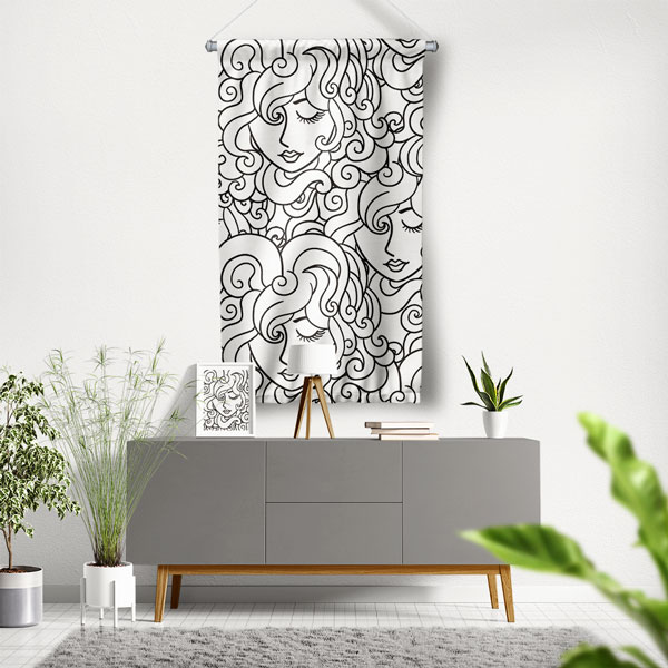 Siyah Beyaz Çizim Kadın Figürlü Estetik Desenli Duvar Flaması Kumaş Baskı 5774