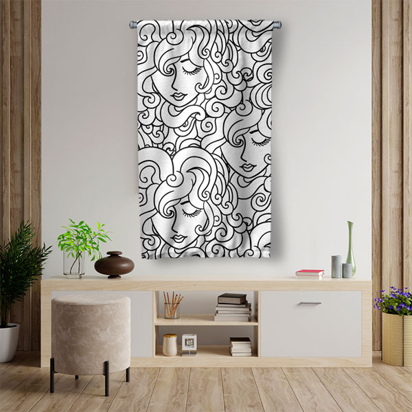 beauty-shop-wall-decor-5774-02 Siyah Beyaz Çizim Kadın Figürlü Estetik Desenli Duvar Flaması Kumaş Baskı 5774