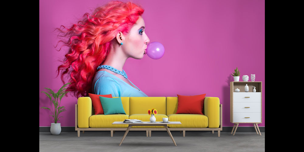 Pembe Saçlı Kadın Portreli Modern Kuaför Duvar Kağıdı 5711