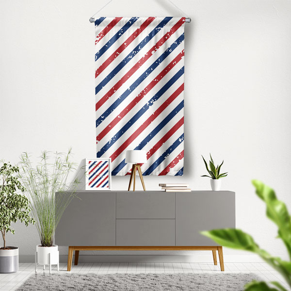 berber-dukkan-dekorasyon-5777-00 Kırmızı Beyaz Mavi Çizgili Klasik Barber Direği Desenli Berber Duvar Flaması Kumaş Baskı 5777