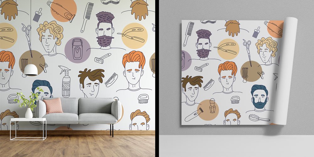 Renkli Çizim Desenli Barber Shop Duvar Kağıdı 5687
