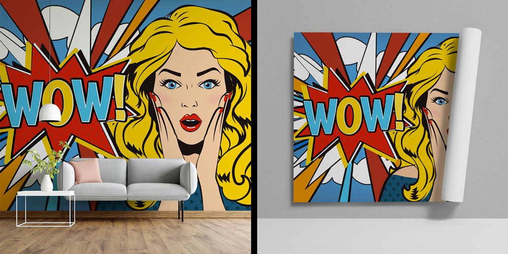 WOW Yazılı Sarı Saçlı Kadın Pop Art Kuaför Duvar Kağıdı 5703