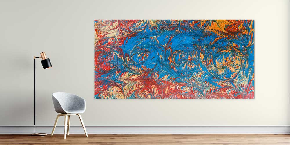 Mavi Kırmızı Ebru Desenli Geleneksel Türk Sanatı Büyük Ebatlı Duvar Dekoru 11968