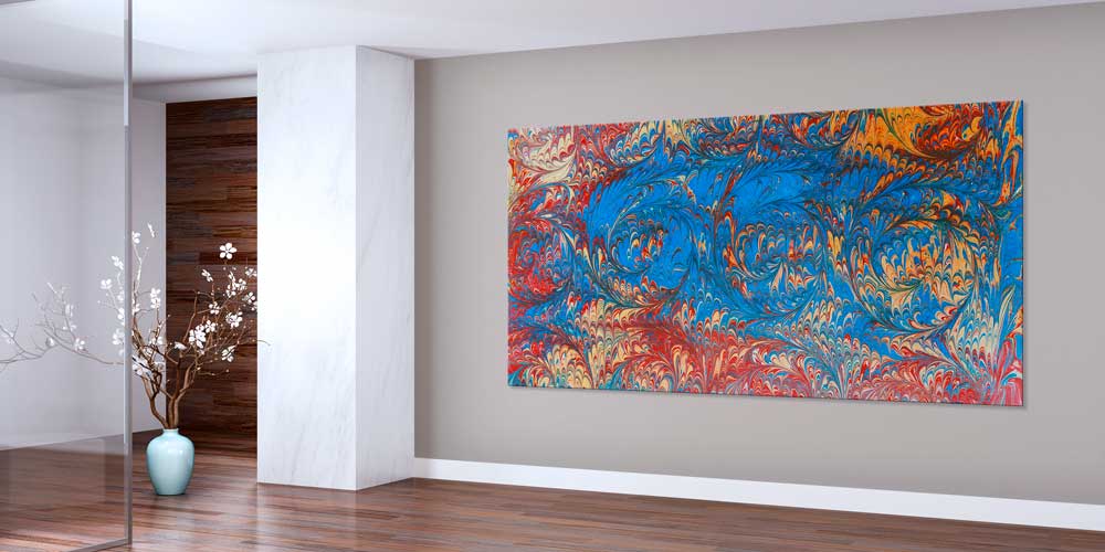 Mavi Kırmızı Ebru Desenli Geleneksel Türk Sanatı Büyük Ebatlı Duvar Dekoru 11968