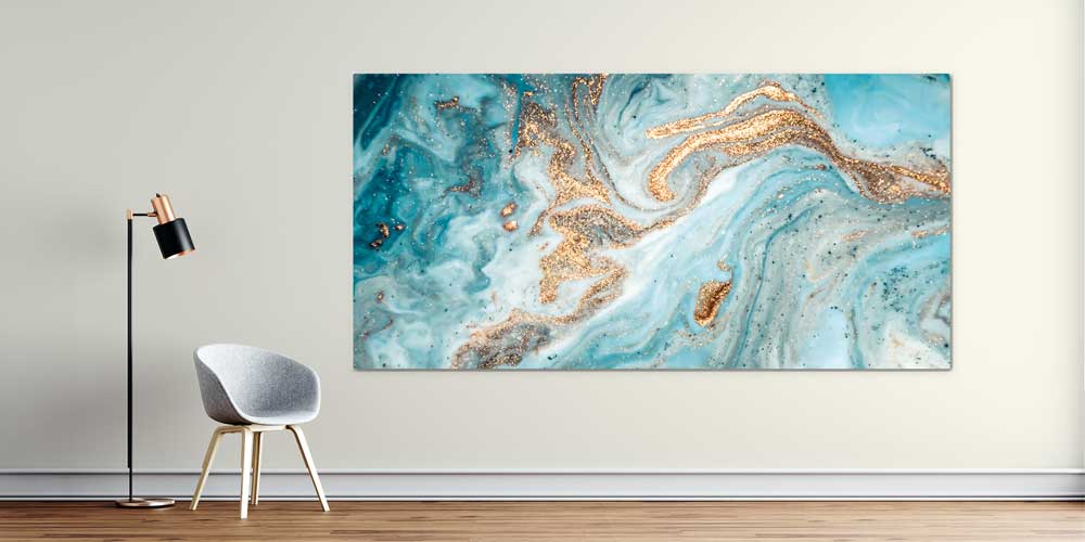 Turkuaz ve Altın Detaylı Soyut Büyük Ebatlı Duvar Dekoru 11961