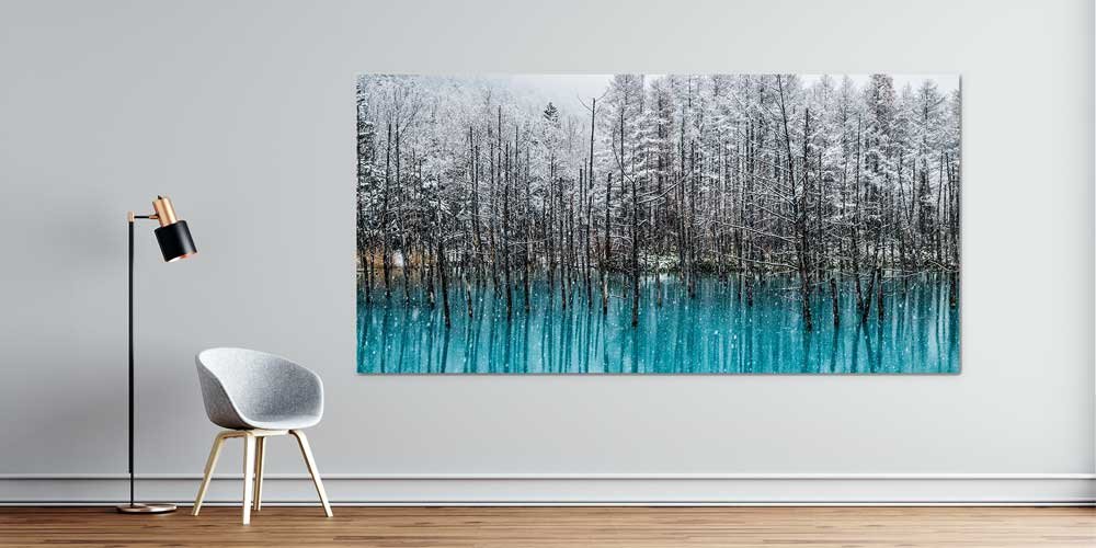 Büyük Ebat Kış Manzarası Mavi Göl ve Kar Kaplı Ağaçlar Duvar Dekoru 14038