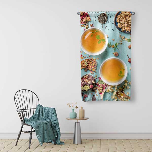 Bitkisel Çay Temalı Kafe Duvar Flaması Kumaş Baskı Dekor 12620