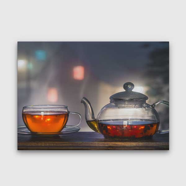 cafe-wall-art-decor-12213-00 Gece Işıklı Cam Demlikte Çay Kanvas Duvar Tablosu – 12213