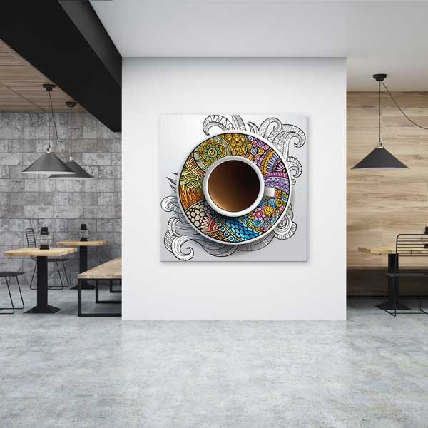 Renkli Desenli Fincan ve Kahve Konseptli Kafe Duvar Tablosu – 12278