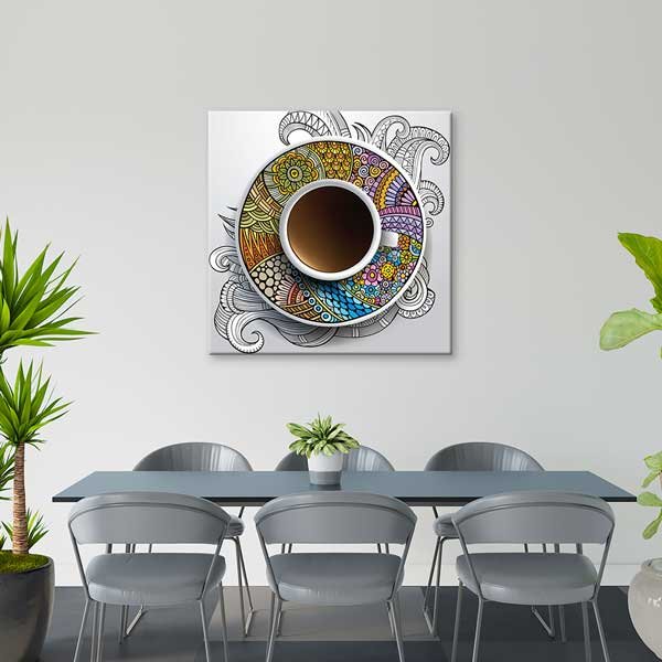 Renkli Desenli Fincan ve Kahve Konseptli Kafe Duvar Tablosu – 12278