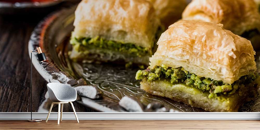 cafe-wall-art-decor-12385-00 Fıstıklı Baklava Detaylı Sunum Duvar Kağıdı 12385