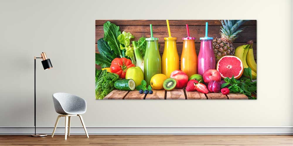 cafe-wall-art-decor-12453-00 Renkli Smoothie Şişeleri ve Meyveler Tasarımlı Büyük Ebat Duvar Dekoru – 12453