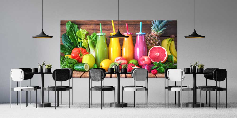 Renkli Smoothie Şişeleri ve Meyveler Tasarımlı Büyük Ebat Duvar Dekoru – 12453