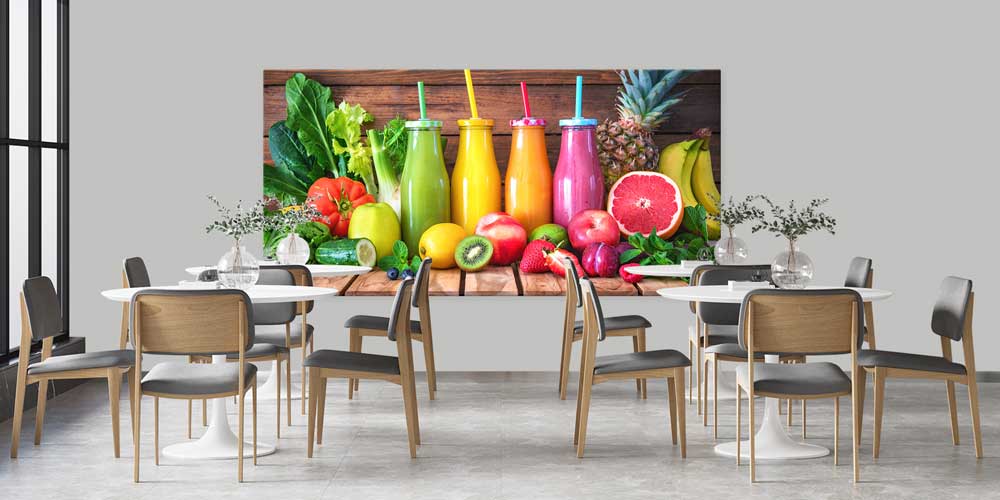 Renkli Smoothie Şişeleri ve Meyveler Tasarımlı Büyük Ebat Duvar Dekoru – 12453