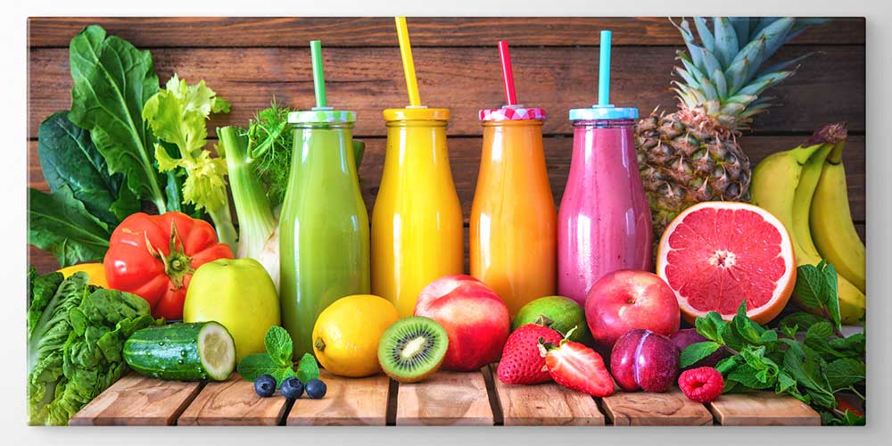 Renkli Smoothie Şişeleri ve Meyveler Tasarımlı Büyük Ebat Duvar Dekoru – 12453