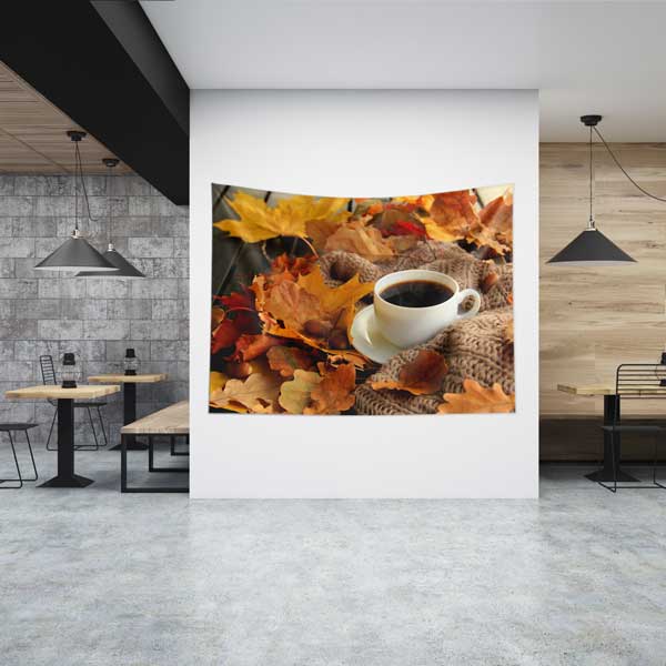 Sonbahar Yaprakları ve Kahve Fincanı Kafe Duvar Örtüsü 12529