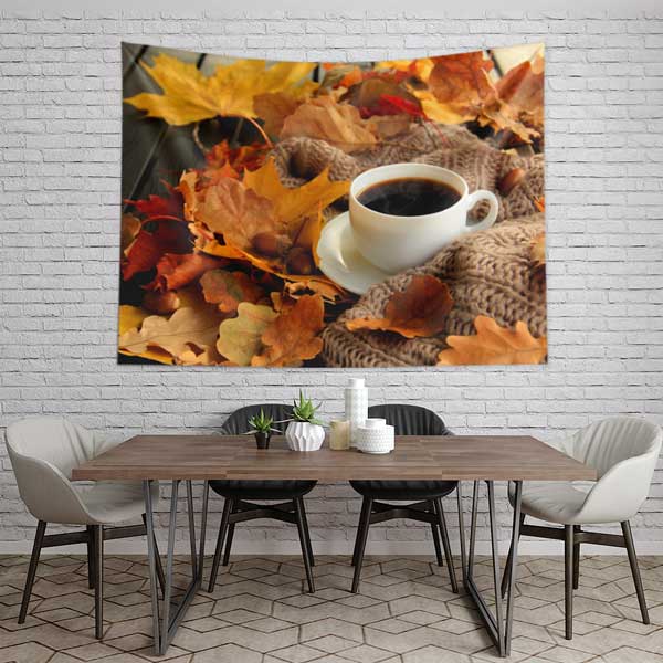 cafe-wall-art-decor-12529-03 Sonbahar Yaprakları ve Kahve Fincanı Kafe Duvar Örtüsü 12529