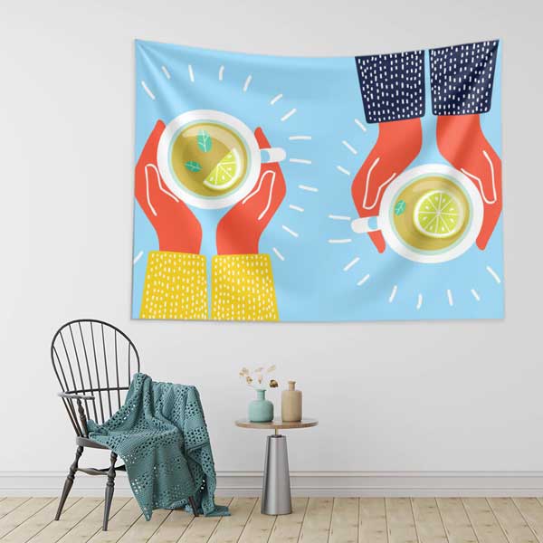 Kafe Duvar Örtüsü Limonlu Çay İllüstrasyon Kumaş Baskı 12535