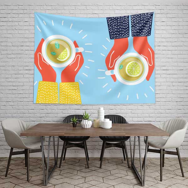 Kafe Duvar Örtüsü Limonlu Çay İllüstrasyon Kumaş Baskı 12535