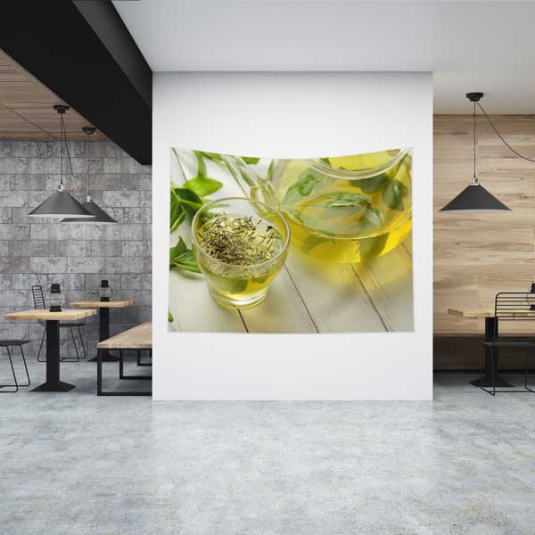 Yeşil Çay Temalı Kafe Duvar Örtüsü Kumaş Baskı 12539