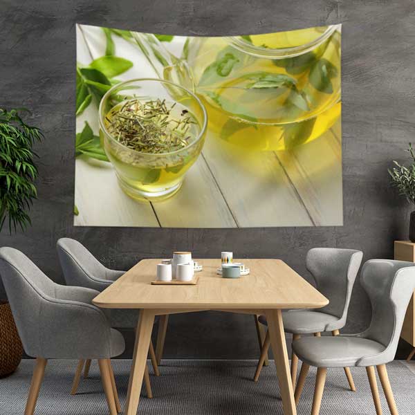 Yeşil Çay Temalı Kafe Duvar Örtüsü Kumaş Baskı 12539
