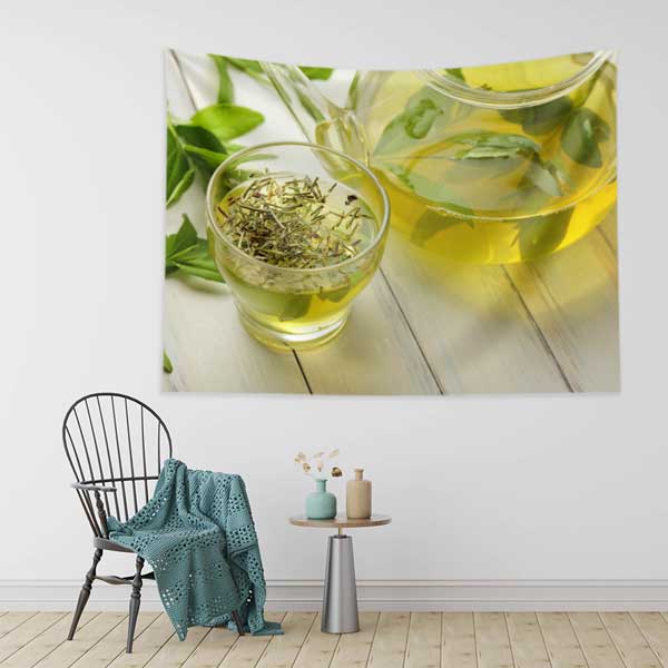 Yeşil Çay Temalı Kafe Duvar Örtüsü Kumaş Baskı 12539