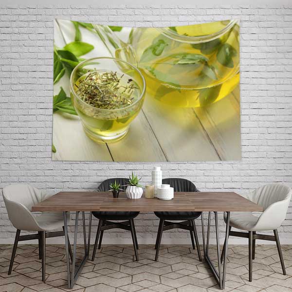 Yeşil Çay Temalı Kafe Duvar Örtüsü Kumaş Baskı 12539