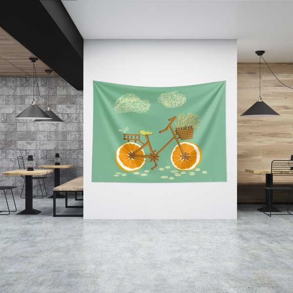 Portakal Tekerlekli Bisiklet Tasarımlı Sağlıklı Yaşam Duvar Örtüsü Kumaş Baskı 12593