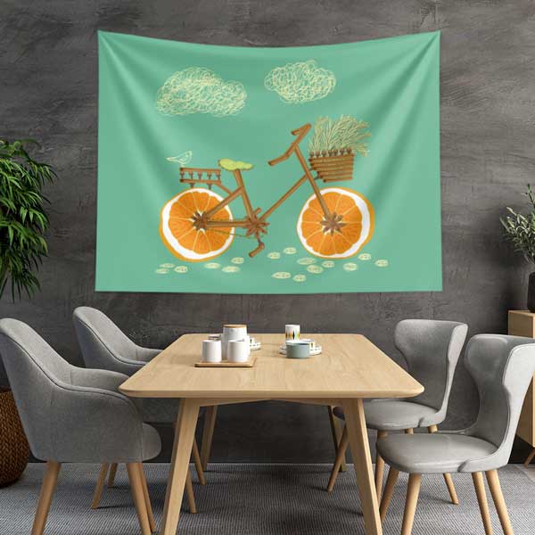 Portakal Tekerlekli Bisiklet Tasarımlı Sağlıklı Yaşam Duvar Örtüsü Kumaş Baskı 12593