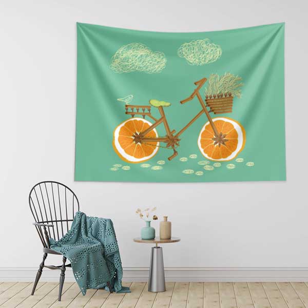 Portakal Tekerlekli Bisiklet Tasarımlı Sağlıklı Yaşam Duvar Örtüsü Kumaş Baskı 12593