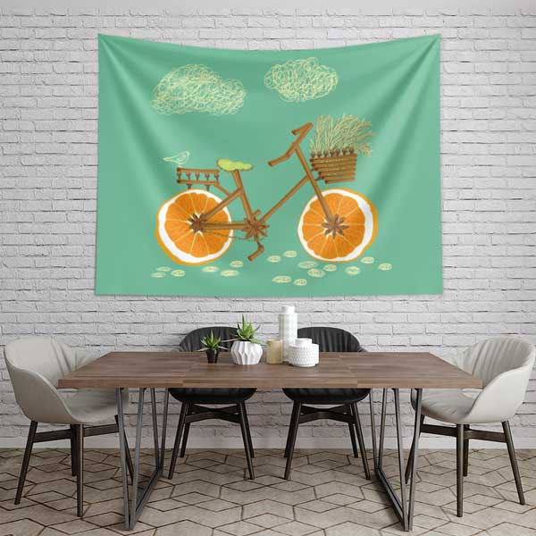 Portakal Tekerlekli Bisiklet Tasarımlı Sağlıklı Yaşam Duvar Örtüsü Kumaş Baskı 12593