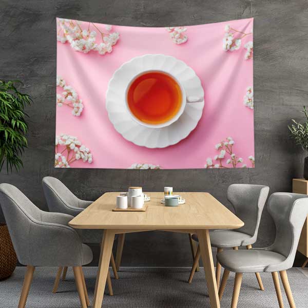 cafe-wall-art-tapestry-12537-01 Çay Duvar Örtüsü Pembe Çiçekli Kafe Kumaş Baskı 12537