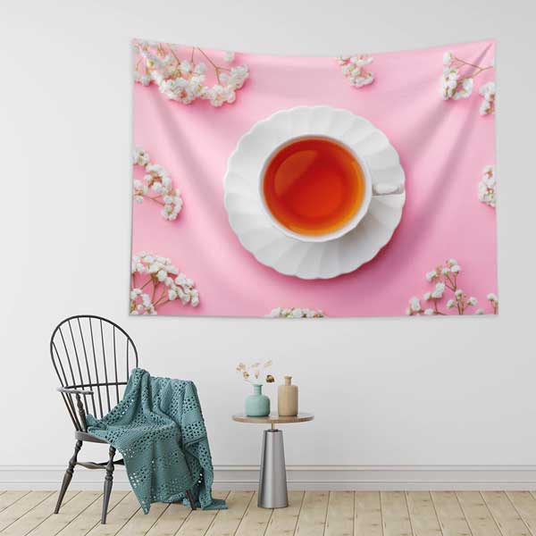 cafe-wall-art-tapestry-12537-02 Çay Duvar Örtüsü Pembe Çiçekli Kafe Kumaş Baskı 12537