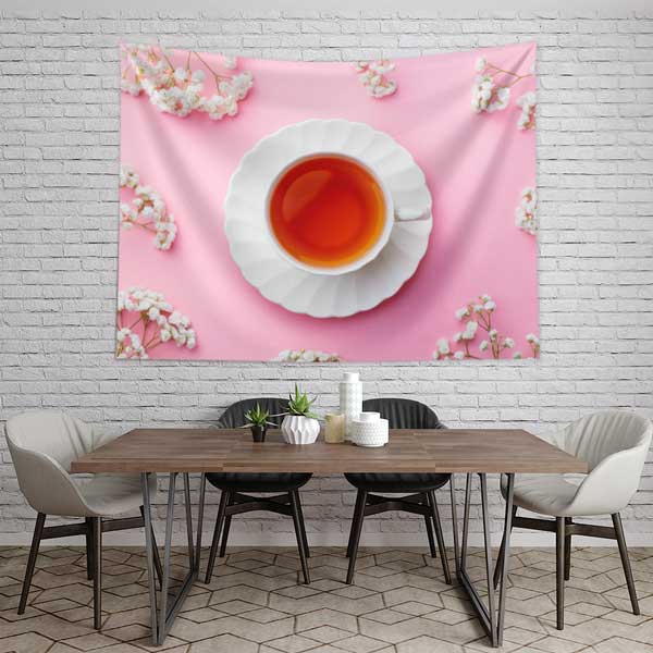 cafe-wall-art-tapestry-12537-03 Çay Duvar Örtüsü Pembe Çiçekli Kafe Kumaş Baskı 12537