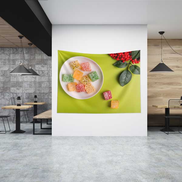cafe-wall-art-tapestry-12569-00 Renkli Lokum ve Yeşil Fon Temalı Duvar Örtüsü 12569