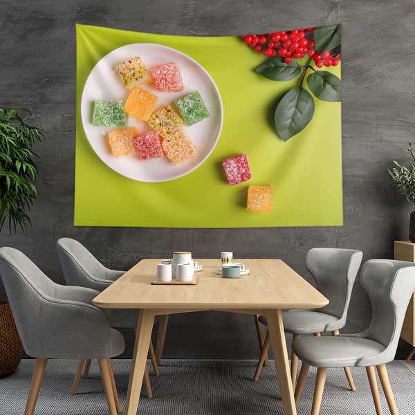 cafe-wall-art-tapestry-12569-01 Renkli Lokum ve Yeşil Fon Temalı Duvar Örtüsü 12569