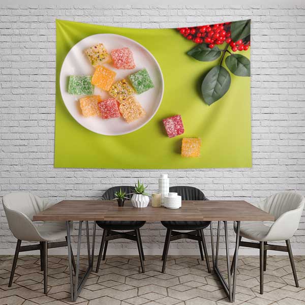 cafe-wall-art-tapestry-12569-03 Renkli Lokum ve Yeşil Fon Temalı Duvar Örtüsü 12569