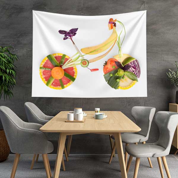 Meyve ve Sebzelerle Tasarlanmış Bisiklet Görselli Sağlıklı Yaşam Duvar Örtüsü Kumaş Baskı 12595