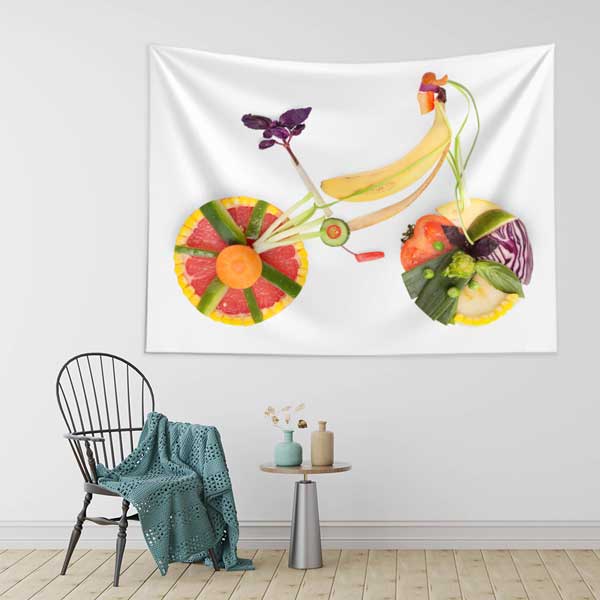 Meyve ve Sebzelerle Tasarlanmış Bisiklet Görselli Sağlıklı Yaşam Duvar Örtüsü Kumaş Baskı 12595