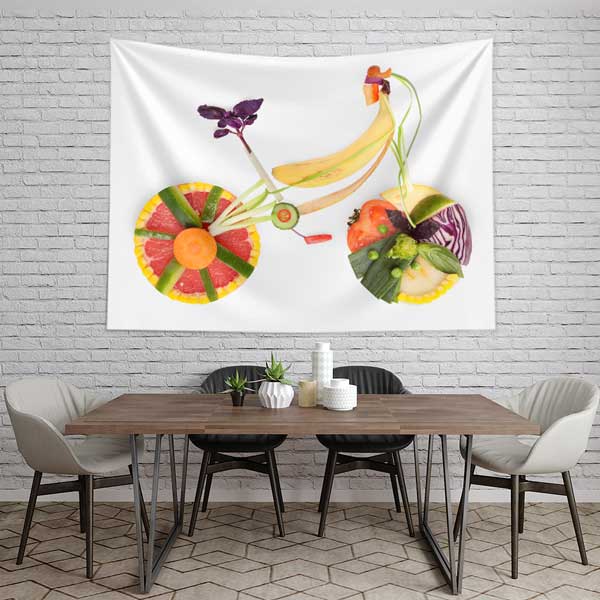 Meyve ve Sebzelerle Tasarlanmış Bisiklet Görselli Sağlıklı Yaşam Duvar Örtüsü Kumaş Baskı 12595