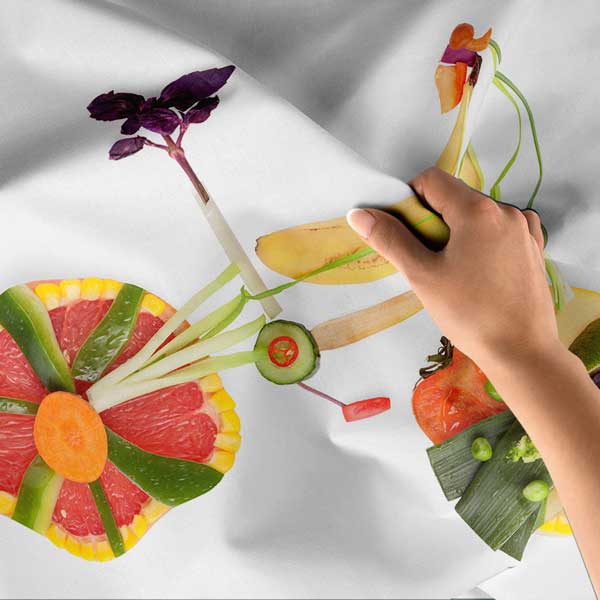 Meyve ve Sebzelerle Tasarlanmış Bisiklet Görselli Sağlıklı Yaşam Duvar Örtüsü Kumaş Baskı 12595