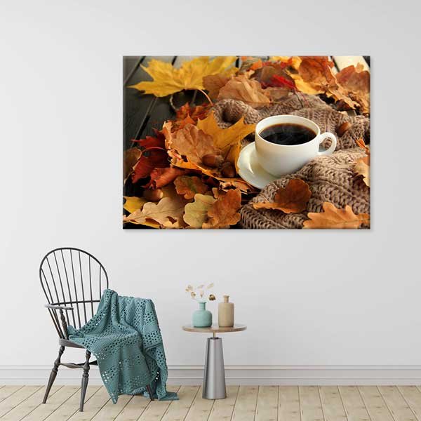 cafe-wall-decor-art-12214-03 Sonbahar Yaprakları Arasında Kahve Kanvas Duvar Tablosu – 12214
