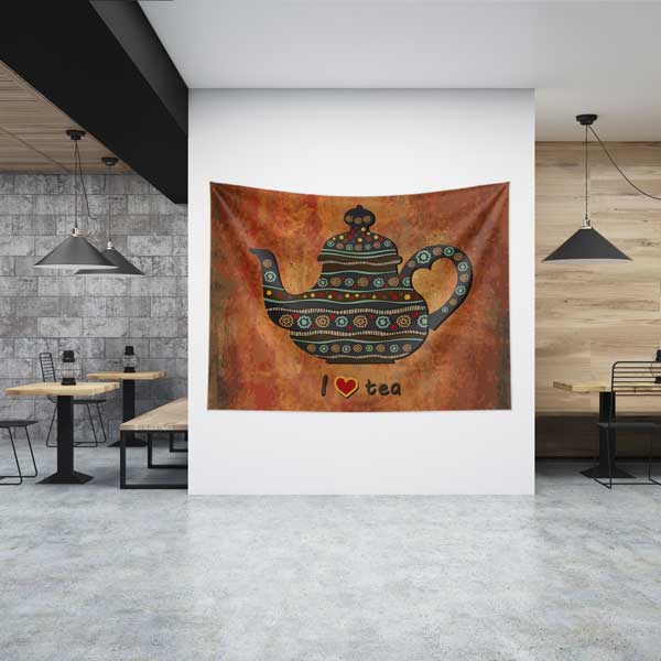 I Love Tea Tasarımlı Kafe Duvar Örtüsü Kumaş Baskı 12540