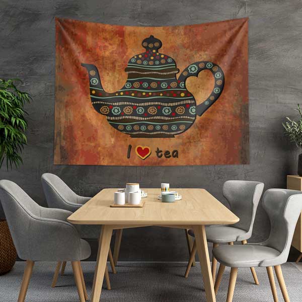 I Love Tea Tasarımlı Kafe Duvar Örtüsü Kumaş Baskı 12540