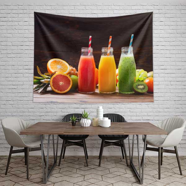 Taze Meyve Suları Temalı Kafe Duvar Tablosu – Renkli Smoothie Şişeleriyle Dekoratif Tasarım 12556