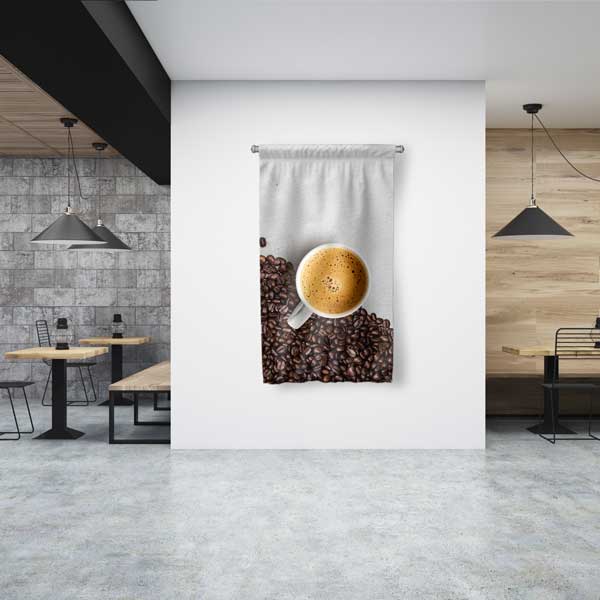 cafe-wall-decoration-12615-00 Kahve Çekirdekleri ve Fincan Görselli Kafe Duvar Flaması 12615