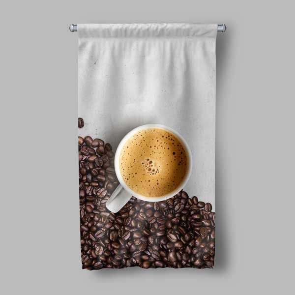 Kahve Çekirdekleri ve Fincan Görselli Kafe Duvar Flaması 12615